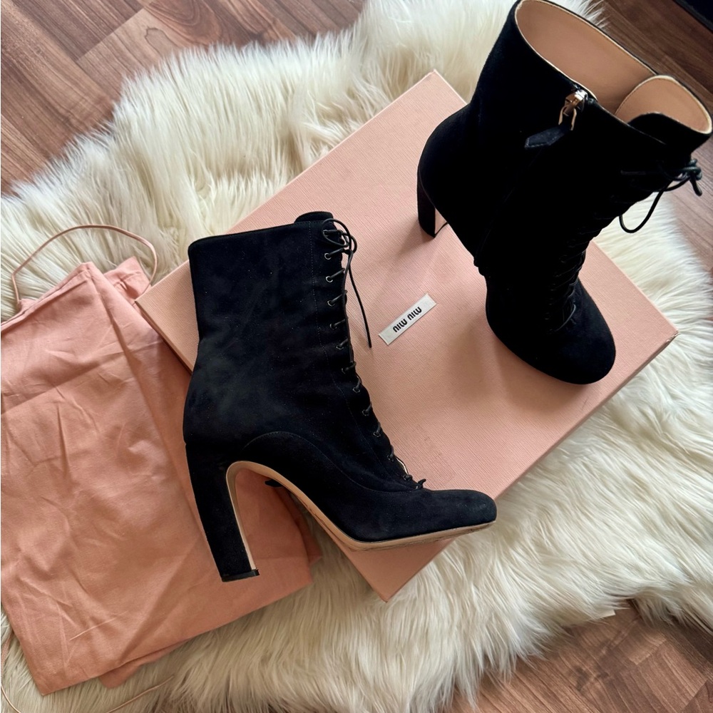 MIU MIU Suede Black Lace-Up Women's Boots